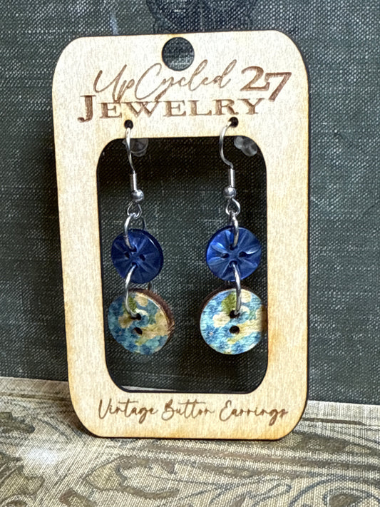 Vintage Button Earrings (blue/floral)